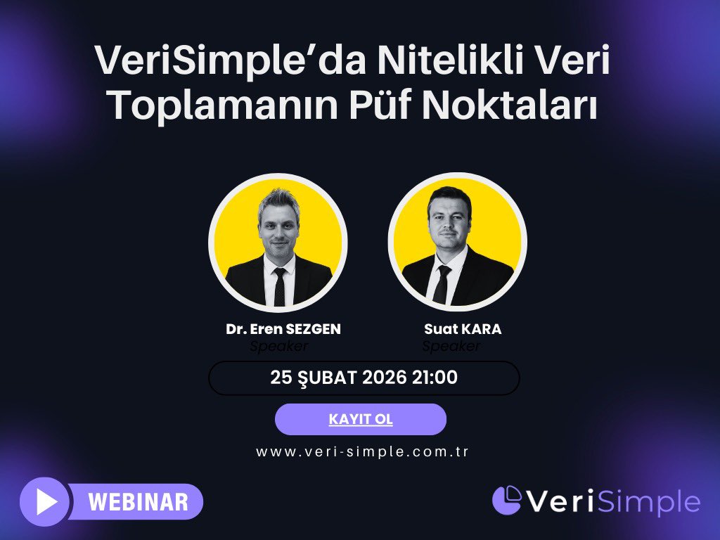 VeriSimple webinarında, araştırmalarınız için güvenilir ve etkili veri toplamanın püf noktalarını keşfedin.

🎙 Dr. Eren Sezgen &amp; Suat Kara
🗓 25 Şubat 2026 | 21:00

👉 Kayıt:
qfreeaccountssjc1.az1.qualtrics.com/jfe/form/SV_5m…

#VeriSimple #Webinar #VeriToplama #DataDriven