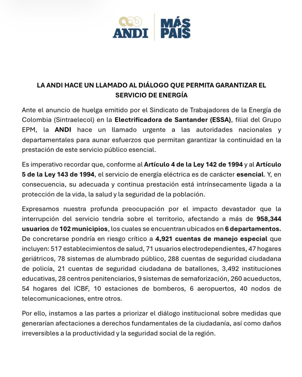 La ANDI hace un llamado al diálogo que permita garantizar el servicio de energía.
#MásPaísANDI
