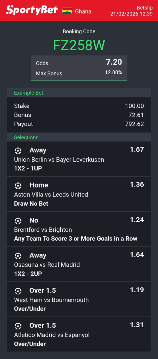 ProfOfOdds's tweet image. Booking Code : FZ258W
Total Odds : 7.20

Bet Responsible 🔞