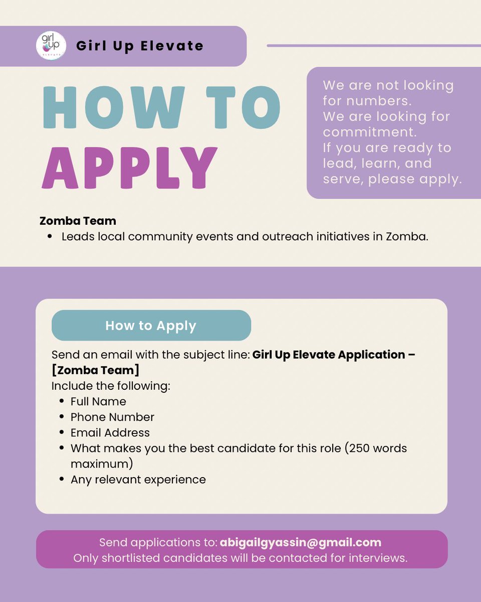 GirlupElevate's tweet photo. If you’ve been wanting to join Girl Up Elevate, here’s your chance! ✨ We’re looking for passionate volunteers in Zomba to help further our mission 🚀 (and yes, boys are welcome to apply!)

🗓️Applications are open until 24th February! Follow the steps to apply to join our team 📩 https://t.co/K3EqBH1ayg