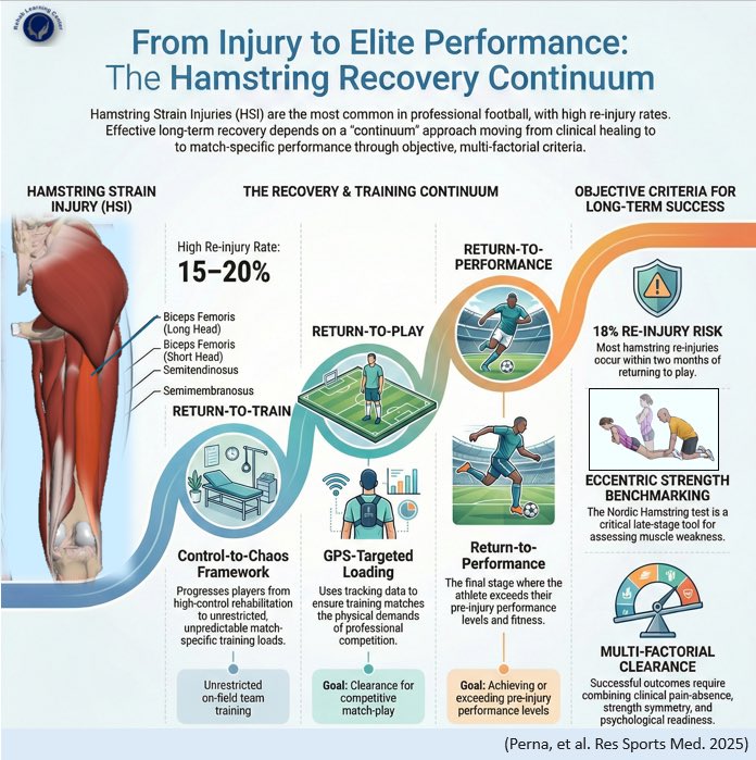 MikeReiman's tweet photo. A suggested continuum approach (Perna et al., 2025) to recovery post hamstring injury, integrating the control-chaos continuum (Matt Taberner et al.), GPS-targeted loading, and a framework similar to the RTS consensus paper by Clare Ardern et al. (BJSM. 2016)
#hamstring https://t.co/cPgVMp0fZ0