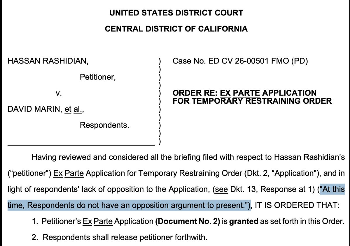 Here's another phenomenon I've seen a lot lately;

-ICE detains someone
-The person sues, says their detention is illegal
-DOJ says "We have no counterargument"
-Judge orders release.

storage.courtlistener.com/recap/gov.usco…
