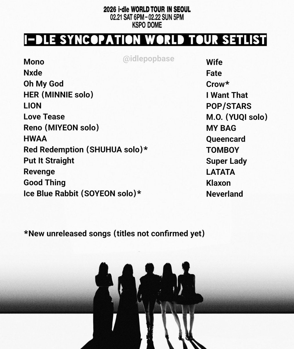 idlepopbase's tweet image. Setlist for i-dle's Syncopation World Tour in Seoul.