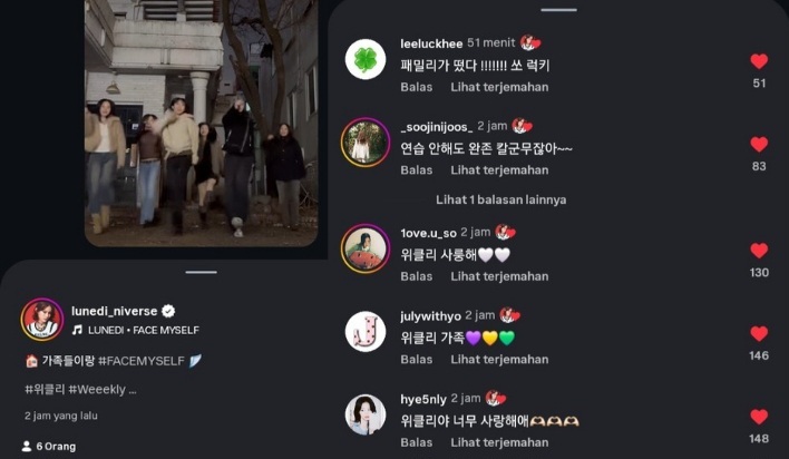 -star KANGEN BANGET WEEEKLY 😭 ini mereka lagi ketemuan take challenge lagu solo nya monday (lunedi) hastag sama komentarnya bikin makin kangen 😭 "weeekly family." "aku sangat mencintaimu, weeekly." mereka pasti kangen comeback as weeekly ya 🥺🩷