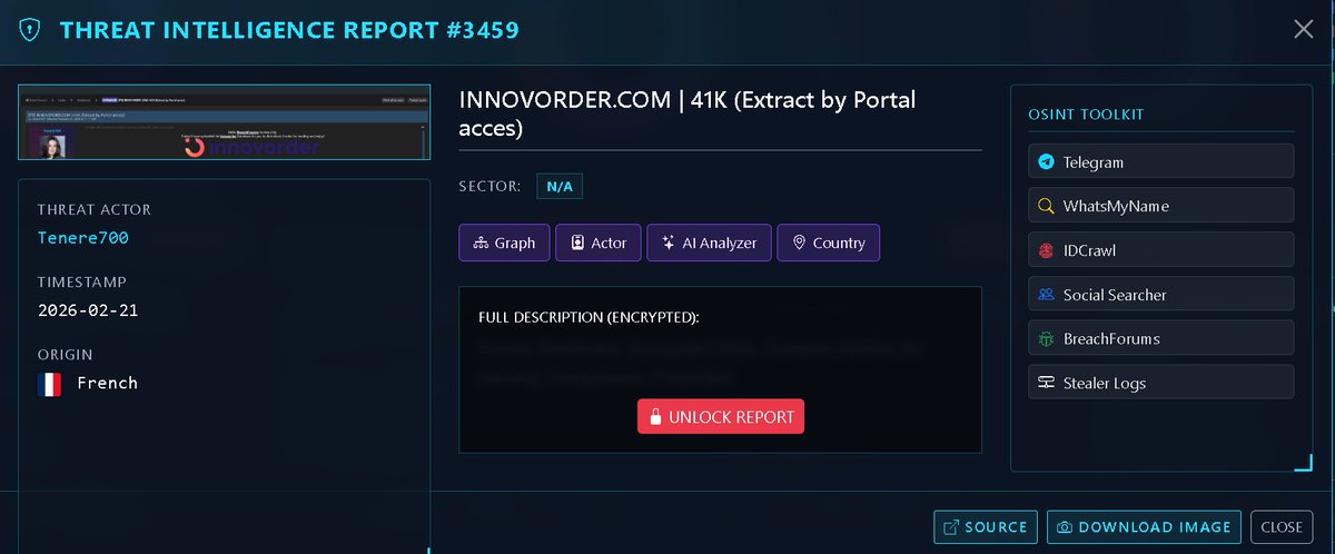 🚨 THREAT ALERT: Innovorder.com - Alleged Portal Access &amp; 41K Data Extract

Victim: Innovorder.com (France) 🇫🇷
Threat Actor: Tenere700
Timestamp: February 21, 2026
Sector: N/A (Food Technology / SaaS)
Volume: 41,000 Records (Extracted via Portal)
Status: