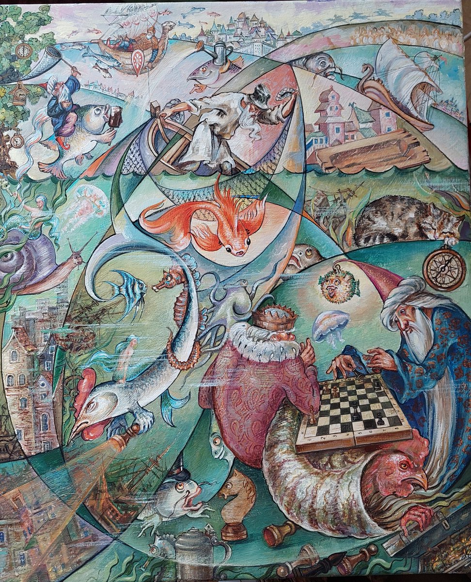 Скоро разные весенние выставки. Сказки Пушкина. Не знаю, как назвать,"Сказка о Рыбаке и Рыбке", или"Там день и ночь виденья полны..."
Александ Сергеевич был с большим чувством юмора, думаю, был бы не против такого видения!😊😊😊