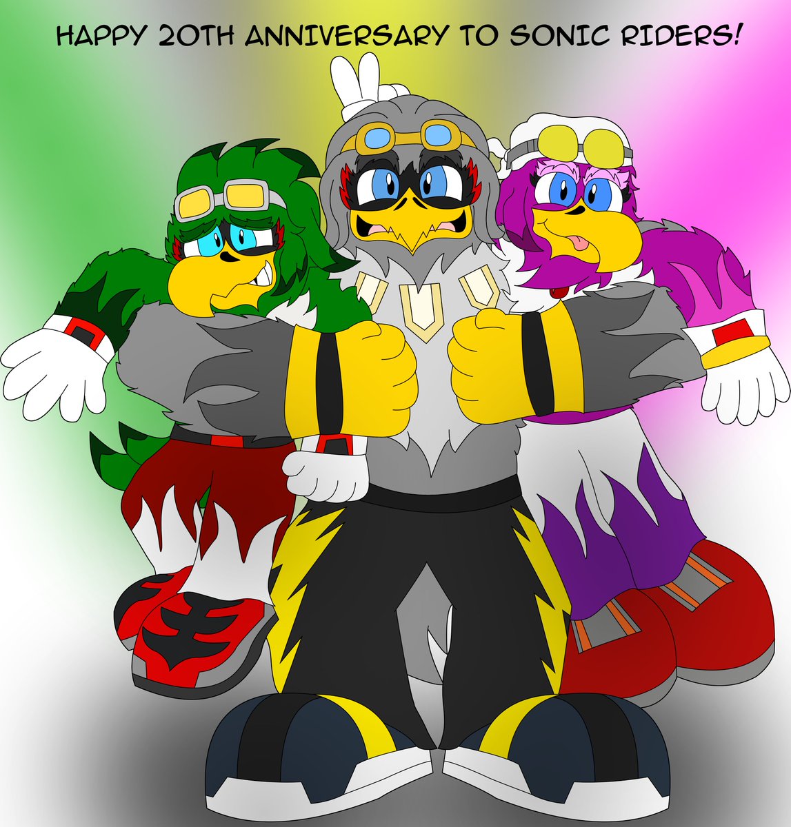 Happy 20th anniversary to #SonicRiders and more importantly, Happy 20th Birthday to the best characters in the Sonic Universe!

#JetTheHawk #WaveTheSwallow #StormTheAlbatross #BabylonRogues