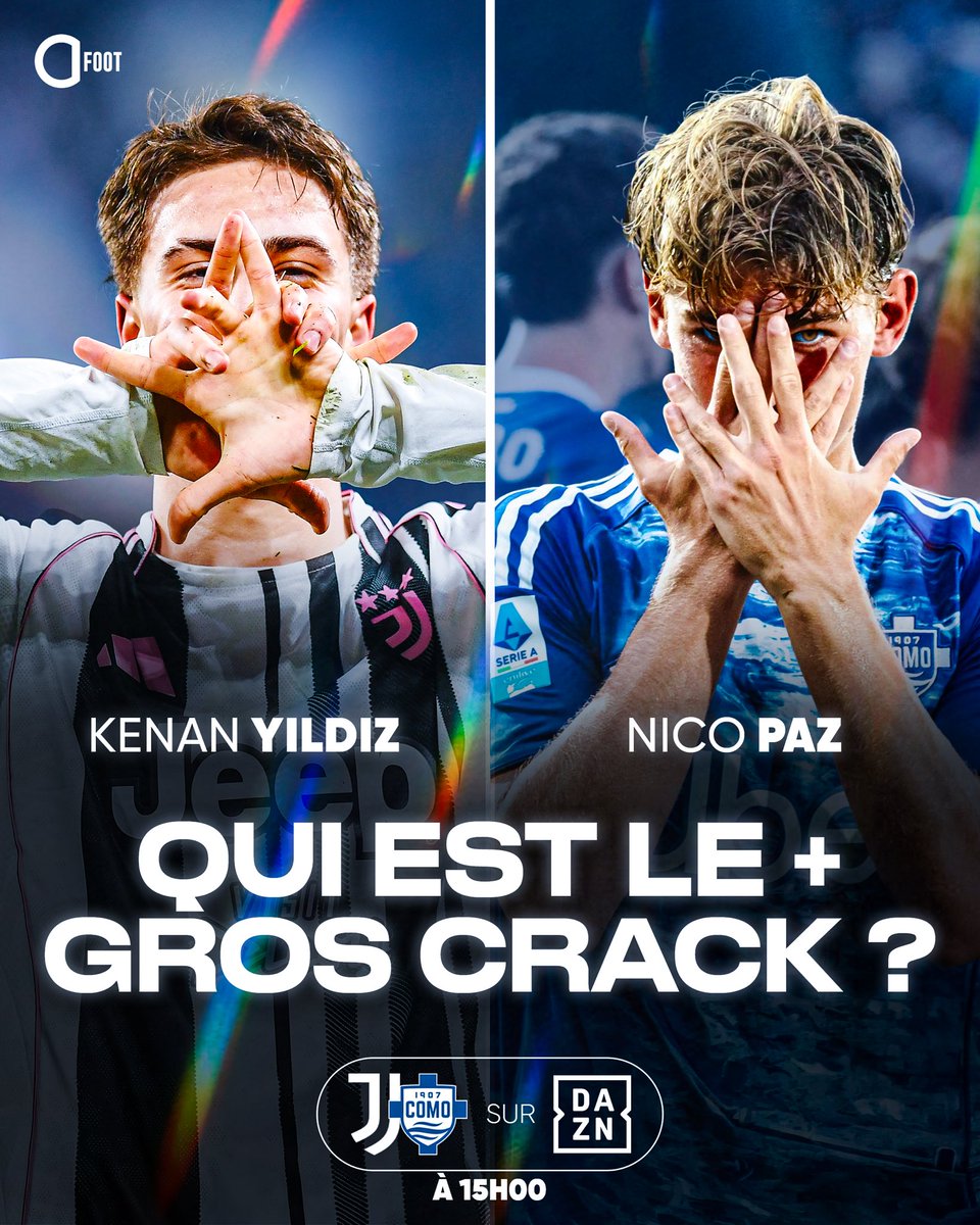 ActuFoot_'s tweet photo. 🇮🇹💎 𝗤𝗨𝗘𝗟 𝗘𝗦𝗧 𝗟𝗘 𝗣𝗟𝗨𝗦 𝗚𝗥𝗢𝗦 𝗖𝗥𝗔𝗖𝗞 𝗗𝗘 𝗟𝗔 𝗦𝗘𝗥𝗜𝗘 𝗔 ?

🇹🇷 Kenan Yildiz ?
🇦🇷 Nico Paz ?

L’Argentin ne sera pas là pour le choc entre la Juventus et Como. Malheureusement suspendu.

Le match est à suivre à partir de 15 heures, 𝗘𝗡 𝗘𝗫𝗖𝗟𝗨𝗦𝗜𝗩𝗜𝗧𝗘́ 𝗦𝗨𝗥 @DAZN_FR. 📺

🤝 en collaboration avec DAZN