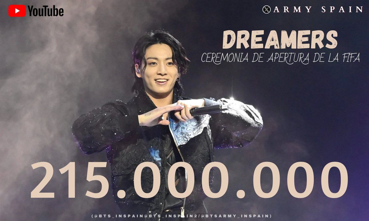 BTS_inSpain's tweet image. 📹| #Dreamers Ceremonia de apertura de #Jungkook ha alcanzado 215 MILLONES de reproducciones en el canal BANGTANTV en Youtube (215.078.877)! 

¡Continuemos con el stream!
215M ✅️ 🔜 220M

🖇youtu.be/jEdfjuG0Fx4?si…

#BTSJungkook
#BTS @BTS_twt 
- ⛵️