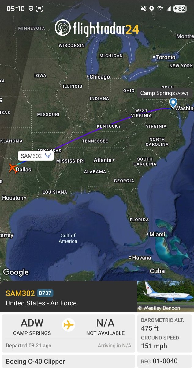 Borrowed7Time's tweet image. USAF C-40 Clipper 01-0040 #AE0945 as SAM302 departed JB Andrews, landed at Dallas.
@sipjack1776 @USGovJets @LadyAstroJet