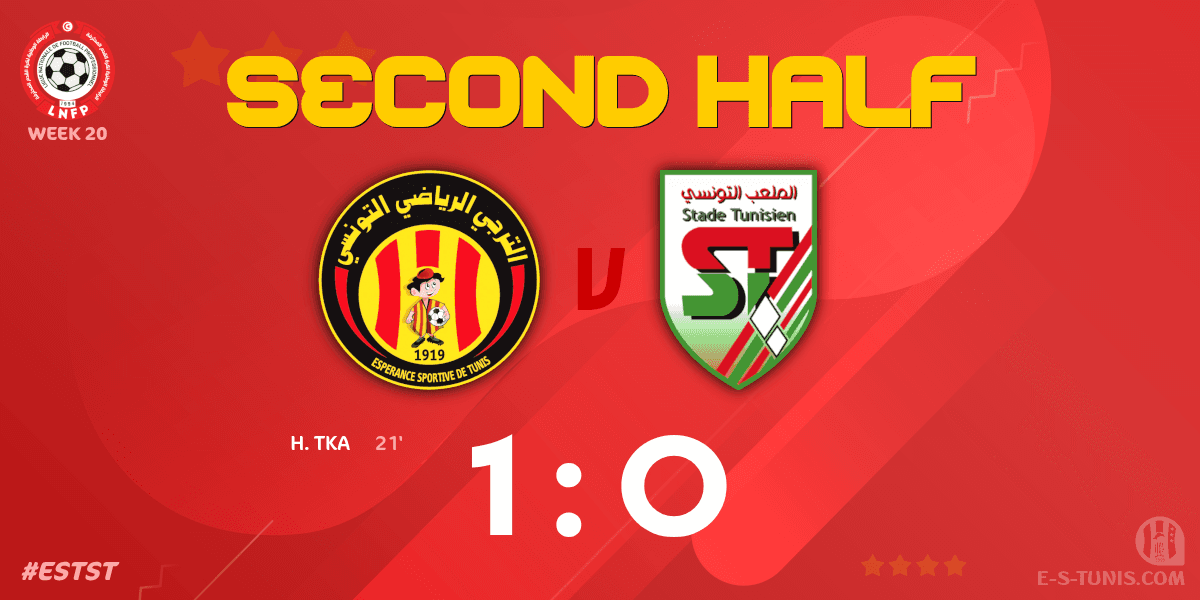 ESTuniscom's tweet photo. ⏱ 46' | #Ligue1Tn🇹🇳 Week 20 #ESTST | @ESTuniscom 1⃣-0⃣ #StadeTunisien : The second half kicks off / بداية الشوط الثاني / Coup d'envoi de la seconde période https://t.co/dYt7dYjvmy