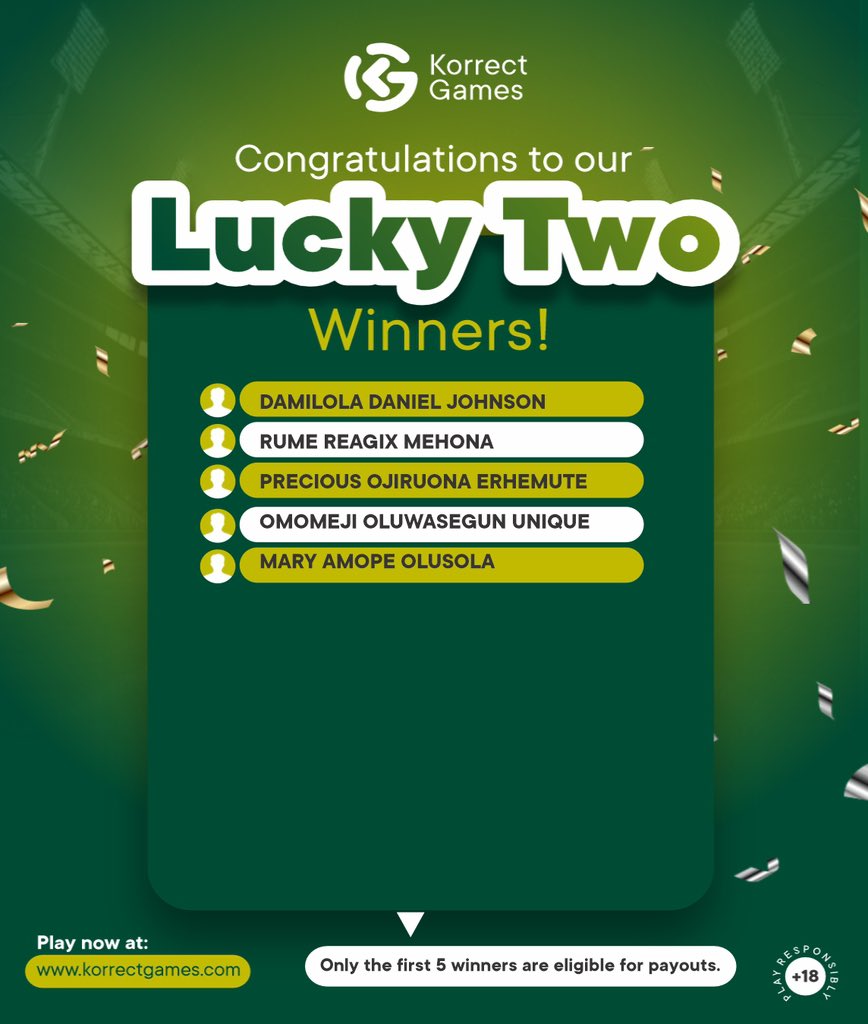 korrectgames's tweet photo. LuckyTwo na for those wey no sabi 3/3 Korrect predictions. You win regardless ❤️
Big congrats to our winners! 🎉
#luckytwo #korrectgames https://t.co/d8rOahNI9n