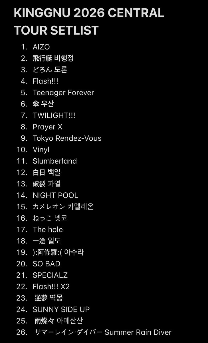 킹누 2026 센트럴투어 셋리 
KINGGNU 2026 CENTRAL TOUR SETLIST
🚫스포주의🚫SPOILER ALERT🚫
#KingGnuCENTRALTour2026