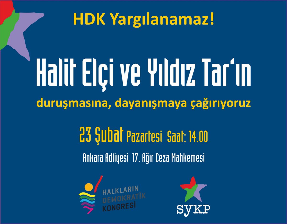 HDK’li olmak suç değildir!

HDK’ye ve siyasi tutsaklara sahip çıkmaya, Halit Elçi ve Yıldız Tar'ın duruşmasına dayanışmaya çağırıyoruz. 23 Şubat Pazartesi günü saat 14'te Ankara Adliyesinde olacağız.