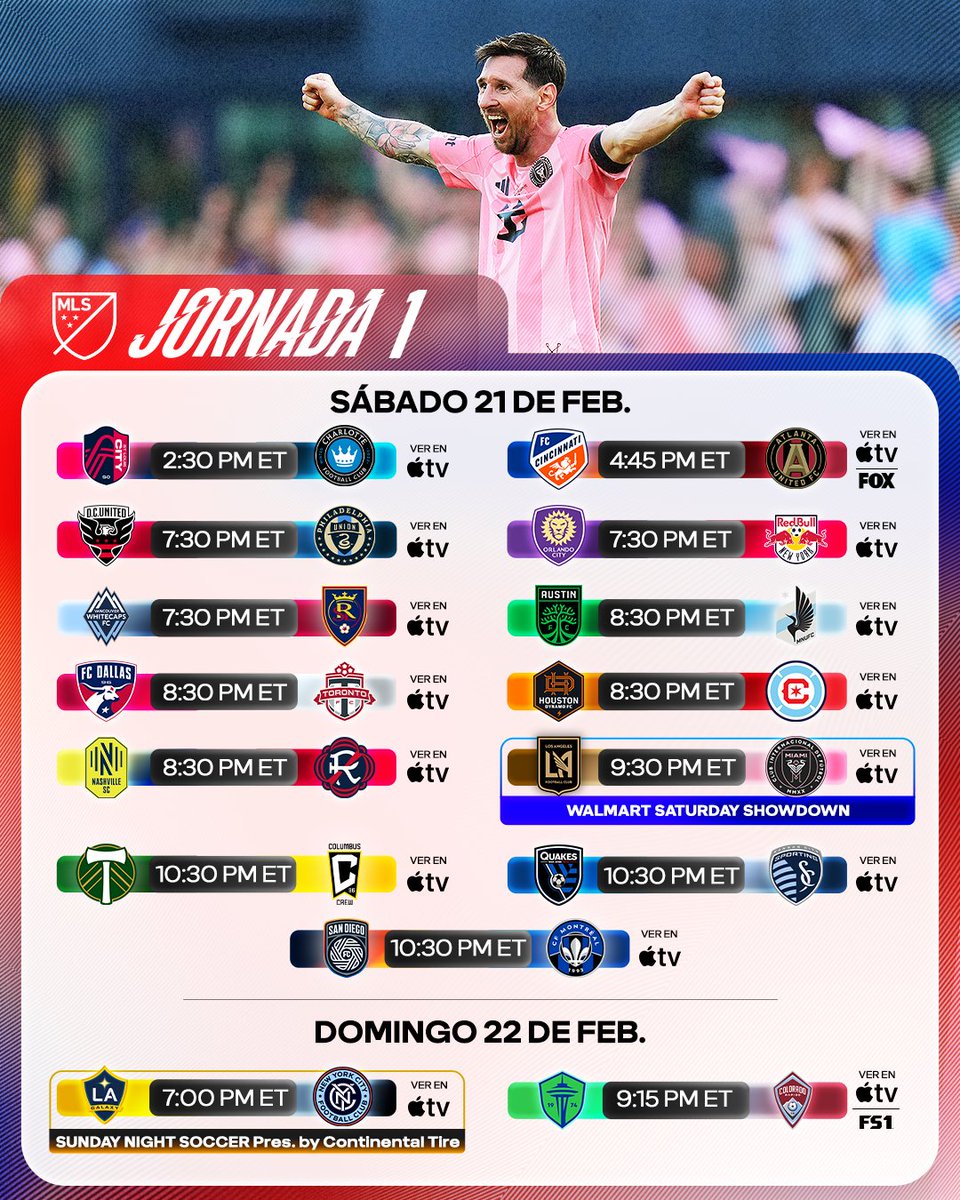 MLSes's tweet photo. ¡ES HOY, ES HOY! ¡HOY HAY PARTIDOS DE MLS OTRA VEZ!

Mira toda la Jornada 1 de la temporada 2026 a través de @AppleTV. https://t.co/S55QHw562O