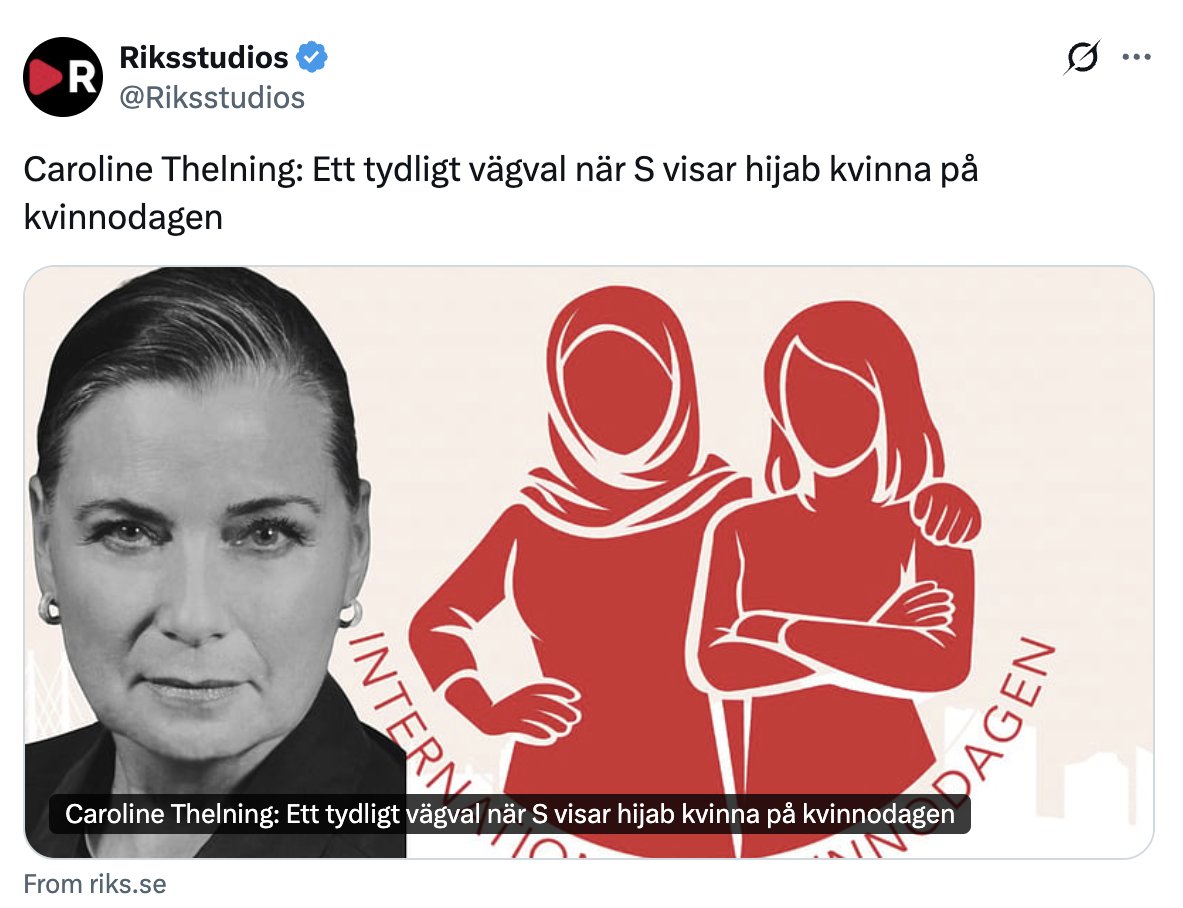 BrandCaroline's tweet photo. Om man väljer hijab för att illustrera 8 mars så vet vi nu med säkerhet att en röst för @socialdemokrat är en röst för att normalisera och acceptera sharias syn på kvinnor och barn:

Kvinnor och flickors halva värde
Barnäktenskap
Könsstympning
Våld i hemmet
Religiös underkastelse för att bara nämna några konsekvenser

När skall ni som röstar på (S) och medlemmar i LO som föredrar jämställdhet, mänskliga rättigheter, rättsstat och demokrati reagera? När?

https://t.co/0kGqxgefTh