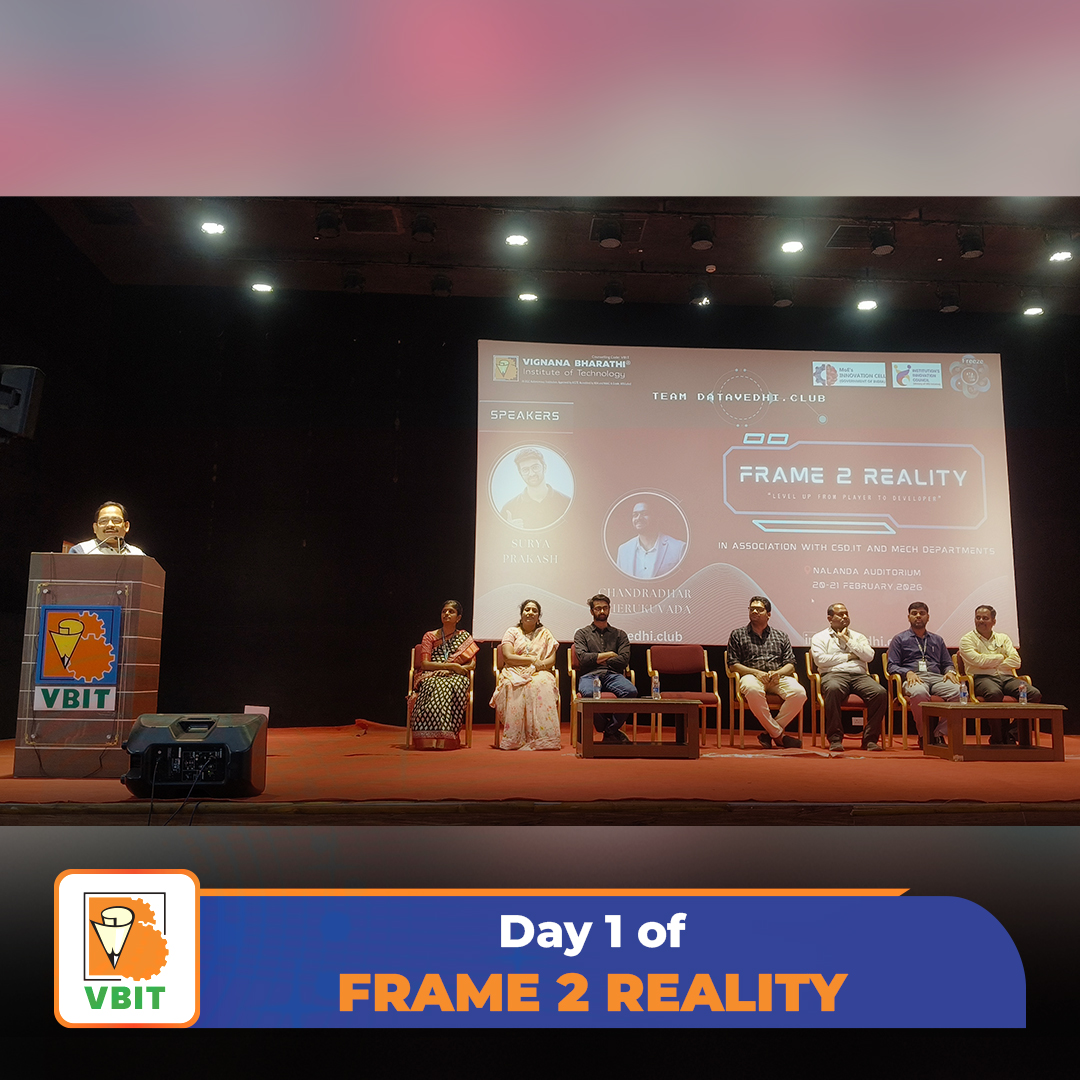 VBITHYD's tweet photo. Day 1 of FRAME 2 REALITY – “Level Up from Player to Developer”

TEAM #DataVedhiClub successfully organized Day 1 of FRAME 2 REALITY on 20th February 2026, in association with the CSD, IT, and Mechanical Departments.

#Frame2Reality #LevelUp #GameDevelopment #TechnicalLearning https://t.co/NHwk8WCrFW
