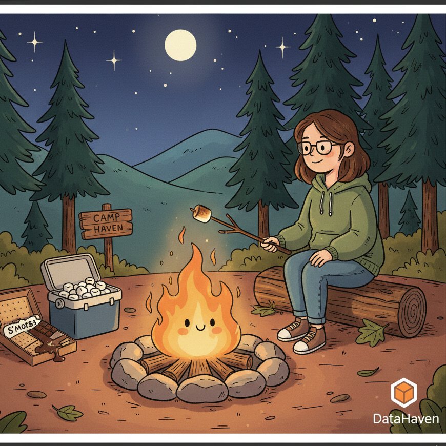 cryptomansing's tweet photo. Settling in for my first night at Camp Haven! 🌲 
Finding some creative inspiration by the fire with the perfect toasted marshmallow. 🔥 
Excited to see what stories unfold in the Haven! ✨ @DataHaven_xyz https://t.co/cfCQb9cn51