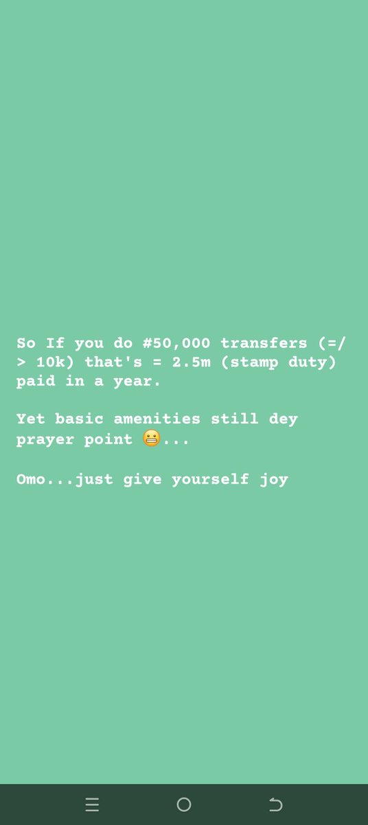 kenkike1's tweet image. So If you do #50,000 transfers (=/&amp;gt; 10k) that's = 2.5m (stamp duty) paid in a year.

Yet basic amenities still dey prayer point 😬... 

Omo...just give yourself joy

.

#basicamenities #government #democracy #nigeria #benincity #gadets #stampduty #tax