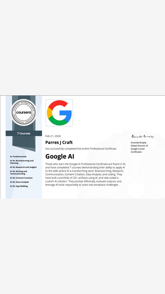 shanghai_craft's tweet photo. Google AI Certified. #vibecoding 

Making coding creative.
Making AI cultural.
Making systems vibes.

From studio sessions to workflow systems.

Fundamentals.
Planning.
Research.
Communication.
Content.
Data.
App Building.

AI Architect era activated.

#AIArchitect #AI https://t.co/TxpgqX9bIo