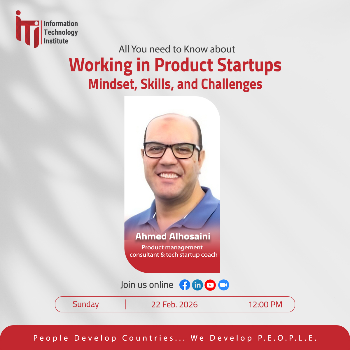 انضموا إلينا يوم الأحد 22 فبراير، الساعة 12:00 ظ، في محاضرة بعنوان:
العمل في الشركات الناشئة في مجال المنتجات: العقلية، المهارات والتحديات
عبر Zoom:
iti-mcit.zoom.us/j/4959206443?p…
يمكنكم طرح أسئلتكم:
app.sli.do/event/3w8FKjiJ…

#MCIT #ITI #BusinessSession