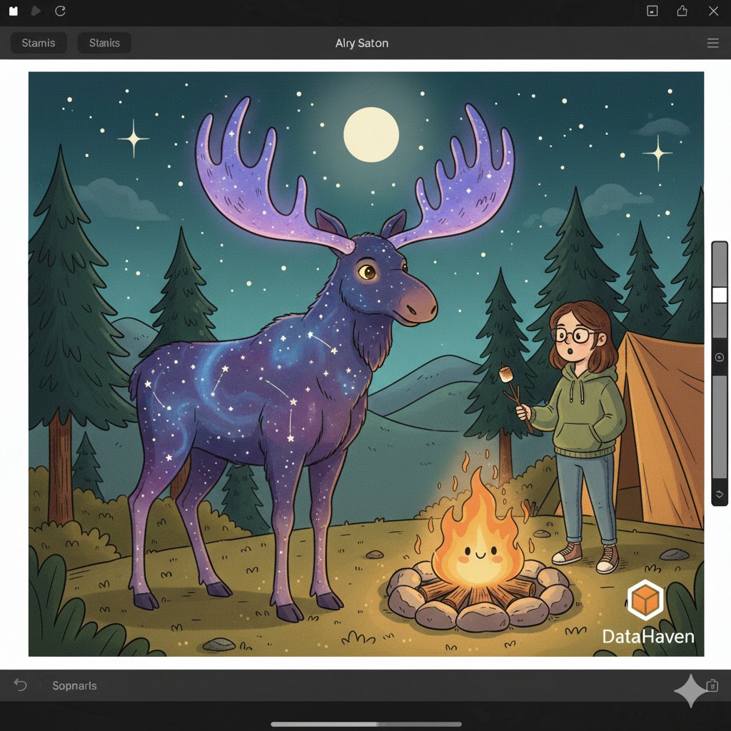 cryptomansing's tweet photo. Spotted a mysterious "Cosmic Moose" wandering near the treeline tonight! 🌌 
Its coat shimmered with actual constellations as it stopped by the fire. 
A truly magical encounter at Camp Haven! ✨ @DataHaven_xyz https://t.co/zVrMjXIJM0