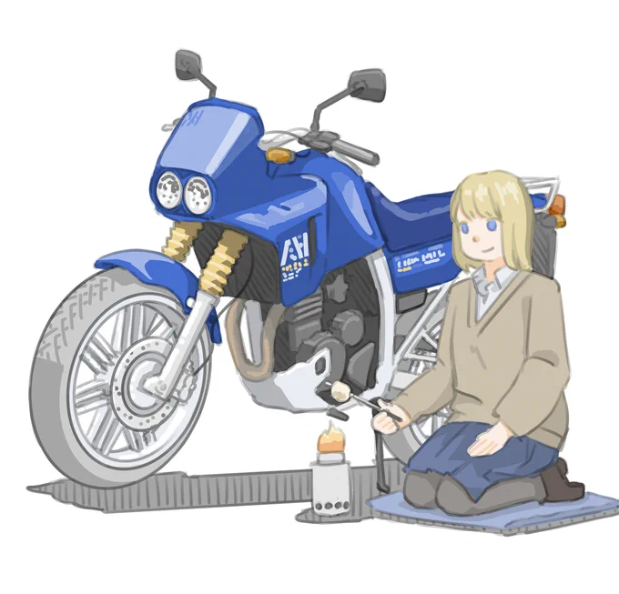 ネットで買った二次燃焼ストーブを試しに使ってみている女子です。 (ホンダ AX-1)【再掲】 #バイクJK #イラスト