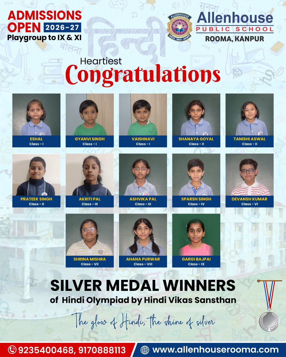 APSRooma's tweet photo. Small hands. Big wins. Pure gold. 🏅
Meet the Hindi Olympiad Medal Winners of Allenhouse Public School, Rooma Kanpur — where brilliance is never just a language, it's a legacy.
Swipe → Celebrate → Inspire.

#HindiChampions #OlympiadWinners #jointhejourney🌱 #AllenhouseRooma https://t.co/4ZZ4WhaFay