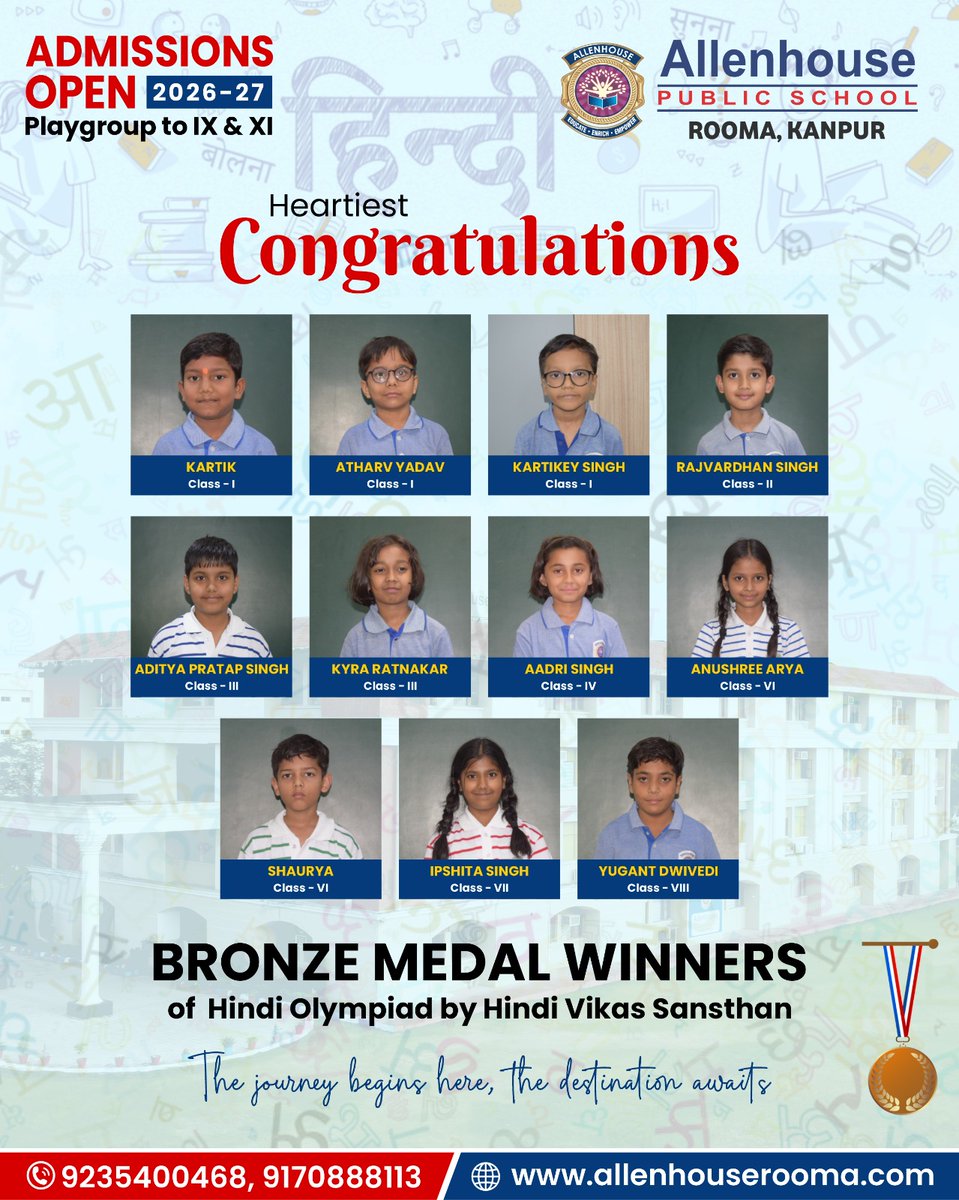 APSRooma's tweet photo. Small hands. Big wins. Pure gold. 🏅
Meet the Hindi Olympiad Medal Winners of Allenhouse Public School, Rooma Kanpur — where brilliance is never just a language, it's a legacy.
Swipe → Celebrate → Inspire.

#HindiChampions #OlympiadWinners #jointhejourney🌱 #AllenhouseRooma https://t.co/4ZZ4WhaFay