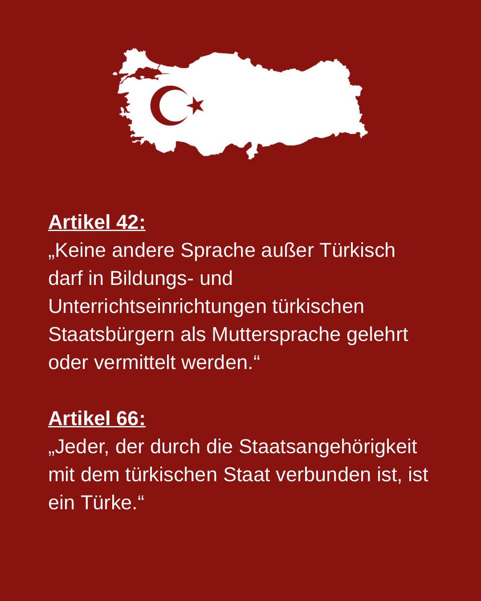 Wir sind Türken, unsere Sprache ist Türkisch. Unsere Geschichte und Kultur ist Türkisch. Eine Änderung des Artikels 42 und 66 ist unzulässig! Keiner da oben soll es nur wagen, unsere Würde zu beschmutzen.