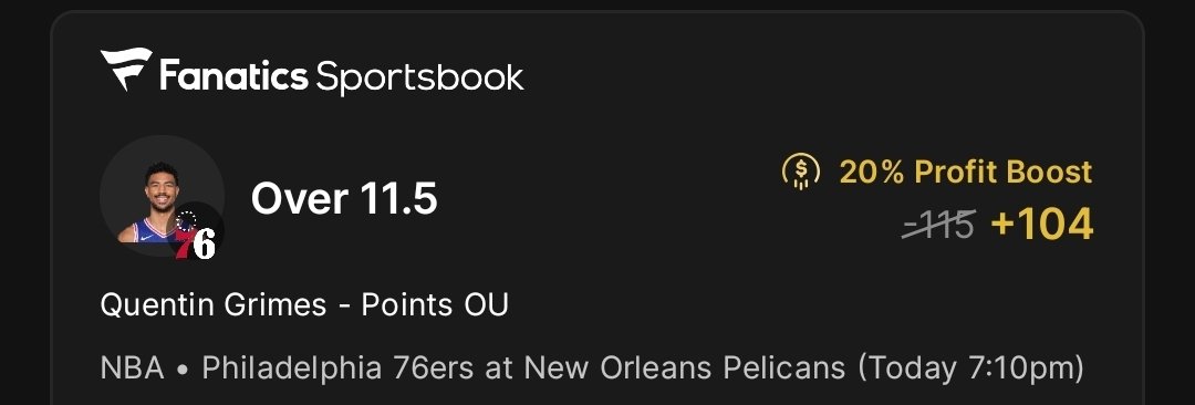 RTeacherBets's tweet photo. Quentin Grimes over points 🏀 Fanatics 20% NBA boost https://t.co/3NgWHYK4fN