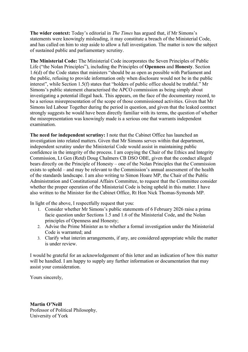 I have today written to Sir Laurie Magnus, Independent Adviser on Ministerial Standards, requesting consideration of whether public statements made by Josh Simons MP on 6 February 2026 constitute a breach of the Ministerial Code.

Letter attached.