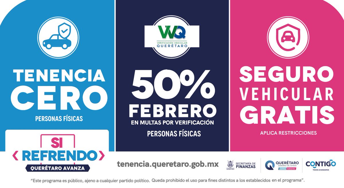 ¡Aprovecha los beneficios al pagar tu #refrendo en febrero y marzo en #Querétaro! 🚗

Tenencia Cero, seguro vehicular gratis y descuentos en multas por verificación. ✅

¡Elige el medio de pago que más te convenga! 📱

¡#Contigo nuestro estado avanza! #SíRefrendo #AppQro