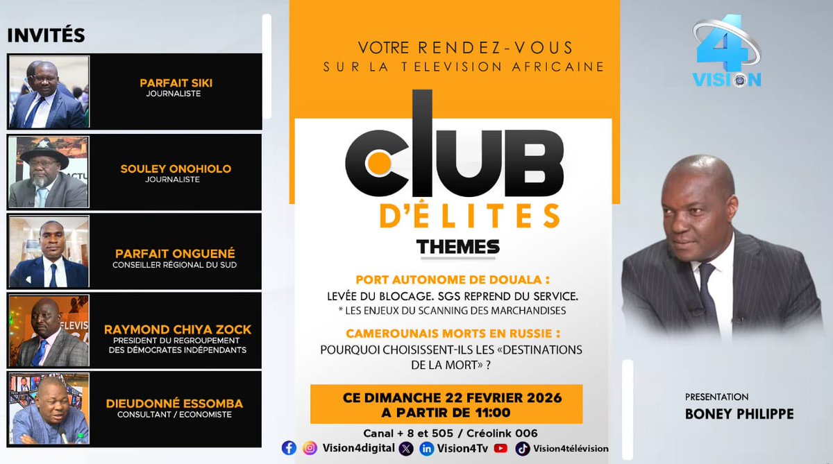 vision4_tv's tweet photo. ⚫🟠CE DIMANCHE 21/02/2026 À PARTIR DE 11H00 NE MANQUEZ SURTOUT PAS VOTRE ÉMISSION DE DÉBAT CLUB D'ÉLITES.
Présentation: BONEY Philippe
🛜 LIVE SUR FACEBOOK ET YOUTUBE
BON WEEK-END À TOUS SUR VISION4 !
008 et 505 de canal+
006 de creolink
#Visionners
#Vision4
#followers https://t.co/trbvJkydbF