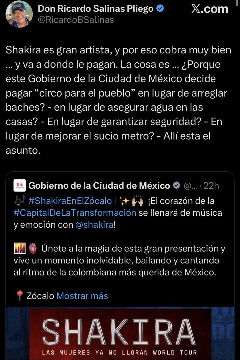 enriquemunozFM's tweet photo. Esto lo dijo Ricardo Salinas Pliego y vale la pena discutirlo:

Shakira es una gran artista, cobra lo que vale y va a donde le pagan.
Hasta ahí, nada que cuestionar.

La duda —dice Salinas— es por qué el Gobierno de la CDMX prefiere pagar “circo para el pueblo” en lugar de arreglar baches, garantizar agua en las casas, mejorar la seguridad o rescatar el Metro.

El concierto no es gratis.
Se paga con recursos públicos.
Con los impuestos de todos.

¿Tiene razón Ricardo Salinas?
¿Es prioridad traer a Shakira al Zócalo o atender lo básico de la ciudad?

Los leo. 👇
