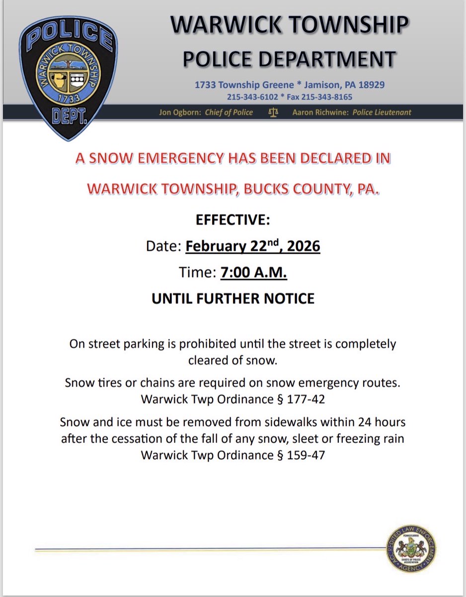 Here we go again - and we were just starting to see our yards. If possible, please move vehicles off the street. Call 911 for emergencies and 215-328-8502 for police non-emergencies.
