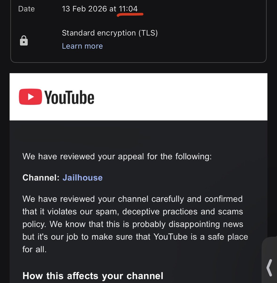 DanielTChirwa's tweet photo. why does YouTube’s AI have the ability to falsely terminate channels? 

i got “reviewed” and denied in 3 minutes and still unable to get a solid human review https://t.co/MnVelNMBFS