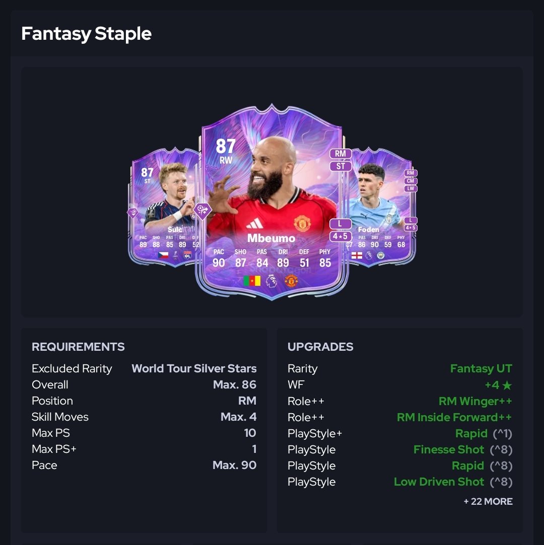 🩷 ¡CONTENIDO 21 DE FEBRERO DE 2026! 🏹

GENERAL:
📰 MOTM

SBC:
🧩 Pirlo (2x89 3x88 4x87 86 85 84)
🧩 Koulibaly (87 86* 85*)
🧩 Héroe Mixto 88+ (87 85*)
🧩Evento Fantasy 1

* = IF

OBJETIVOS:
🎯FC Pro Teams

EVOLUTION:
🧬Fantasy Staple

#EAFC26 #EAFC #FIFA26 #FC26

👉🏻 <a href="/Adrian28CA/">Adrian28CA ⚽️</a>