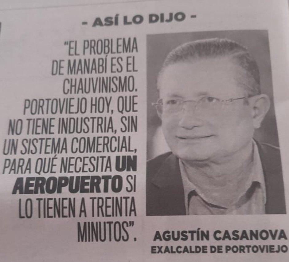 Respuesta a Agustín Casanova <a href="/ACasanova_ec/">Agustín Casanova</a> (exalcalde de Portoviejo):

El problema de Manabí no es el chauvinismo.

El verdadero problema de Manabí es que durante décadas ha sido administrado por borrachos, ebrios, toxicómanos, pedófilos, ladrones, embusteros, truhanes,