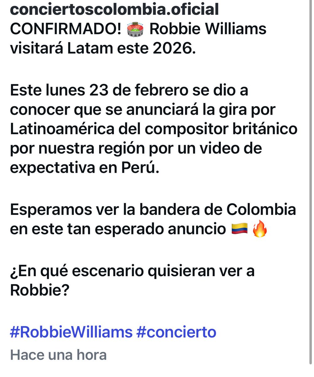 GENTE!!! 🔥🙌🕯️
PERU acaba de anunciar la visita de Rob al país por primera vez, también la página de conciertos Colombia.oficial publico una posible fecha para el país, así que, a prender velas 🕯️🇦🇷🙏 se vienen más anuncios!

<a href="/robbiewilliams/">Robbie Williams</a> <a href="/SonyMusicArg/">Sony Music Argentina</a>