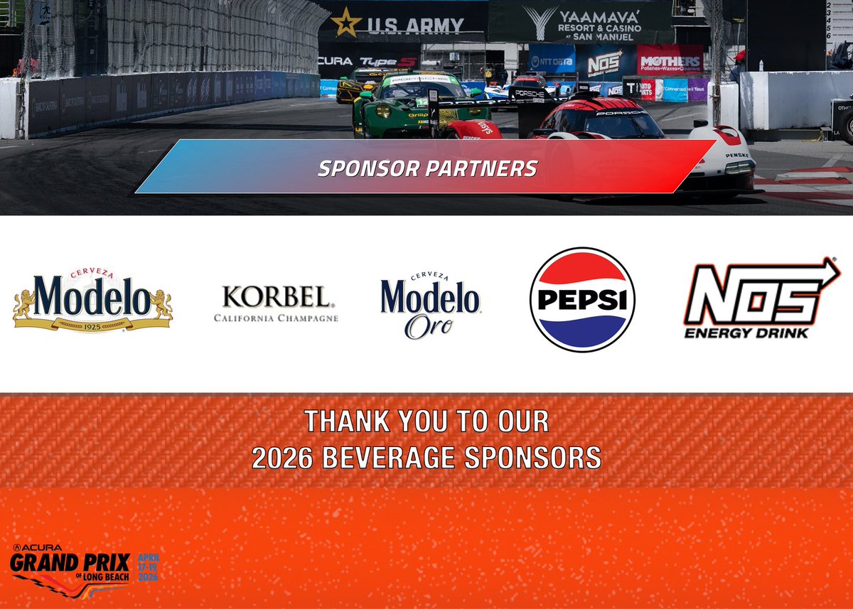 GPLongBeach's tweet image. Fueling race fans all weekend long at the 2026 Acura Grand Prix of Long Beach. 

Thank you to our official beverage sponsors! 🏁

#AGPLB #sponsors