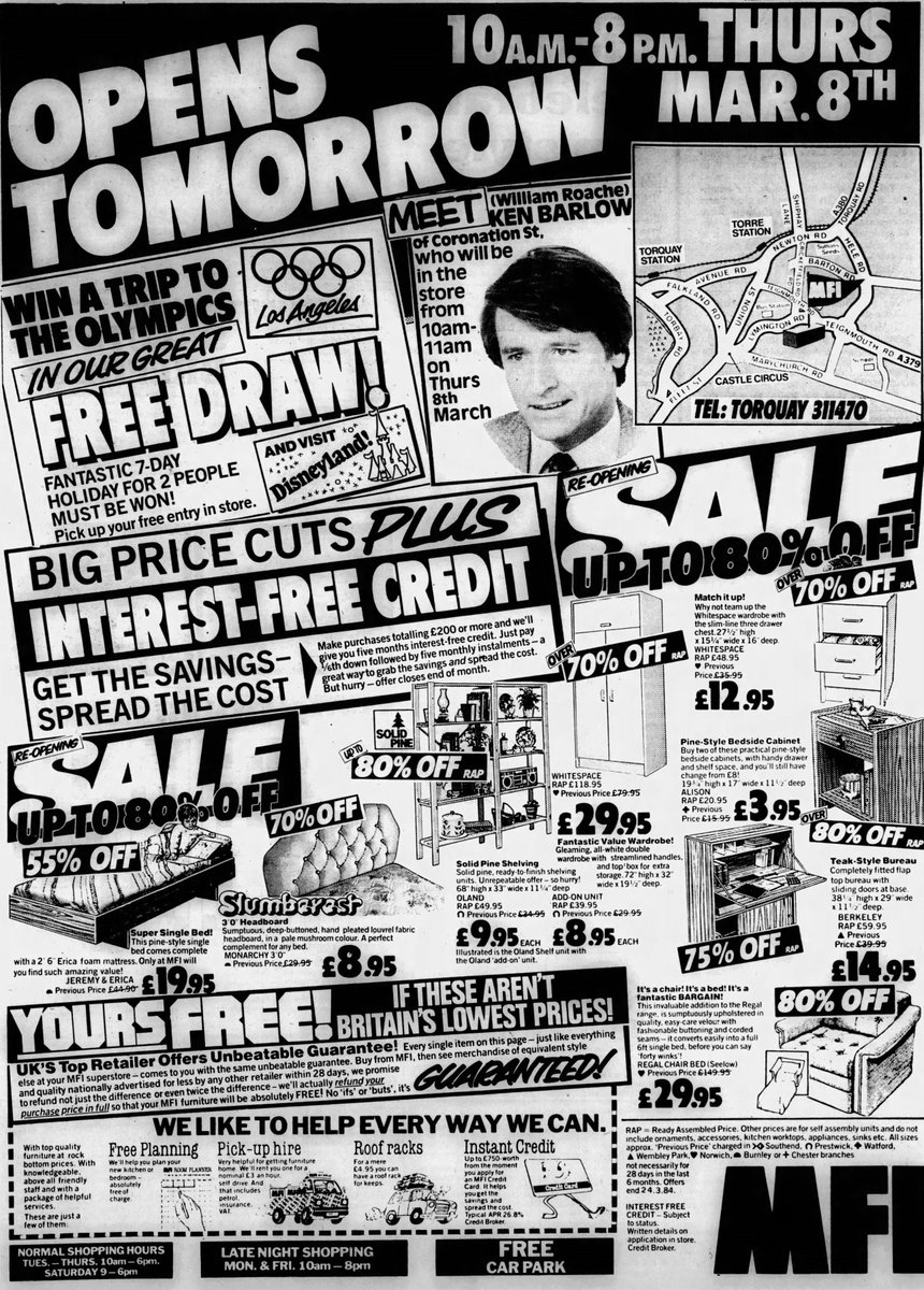 TvDidYouSee's tweet photo. #OnThisDay 8 March 1984
Hurry yourself along to the Reopening Sale at MFI in Torquay. Meet #WilliamRoache, Ken Barlow of #CoronationStreet, who will be in the store from 10am, and win a trip to the Olympics in the great free draw! What are you waiting for? https://t.co/jus9HCsL4j