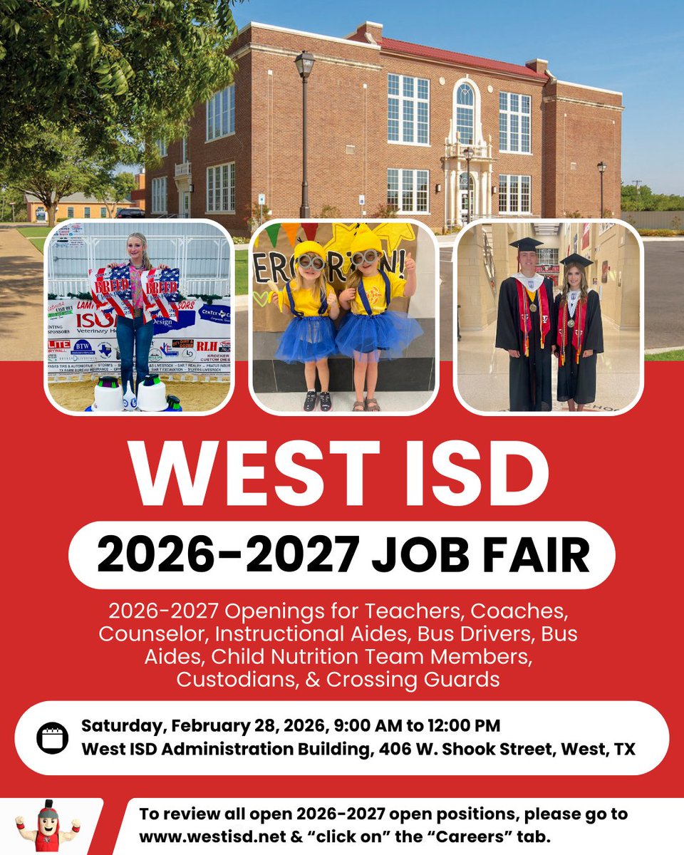 WestISD's tweet photo. It's time for the West ISD 2026-2027 Job Fair! Hope you can make it by! #westisbest #TrojansRule https://t.co/1DfVUvRp4J