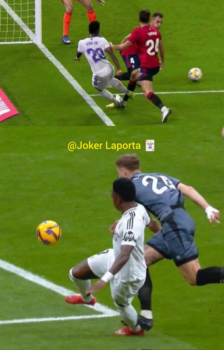 JokerLaporta's tweet photo. Penalti de Courtois a Budimir por clavarle 2 tacos en la punta de la bota / No penalti a Vinicius por clavarle los tacos en el tobillo vs Osasuna y Rayo que pudieron lesionarlo de gravedad. 

No es fútbol, es @LaLiga mugrienta y adulterada de @Tebasjavier. #OsasunaRealMadrid https://t.co/JaiI8jFamU