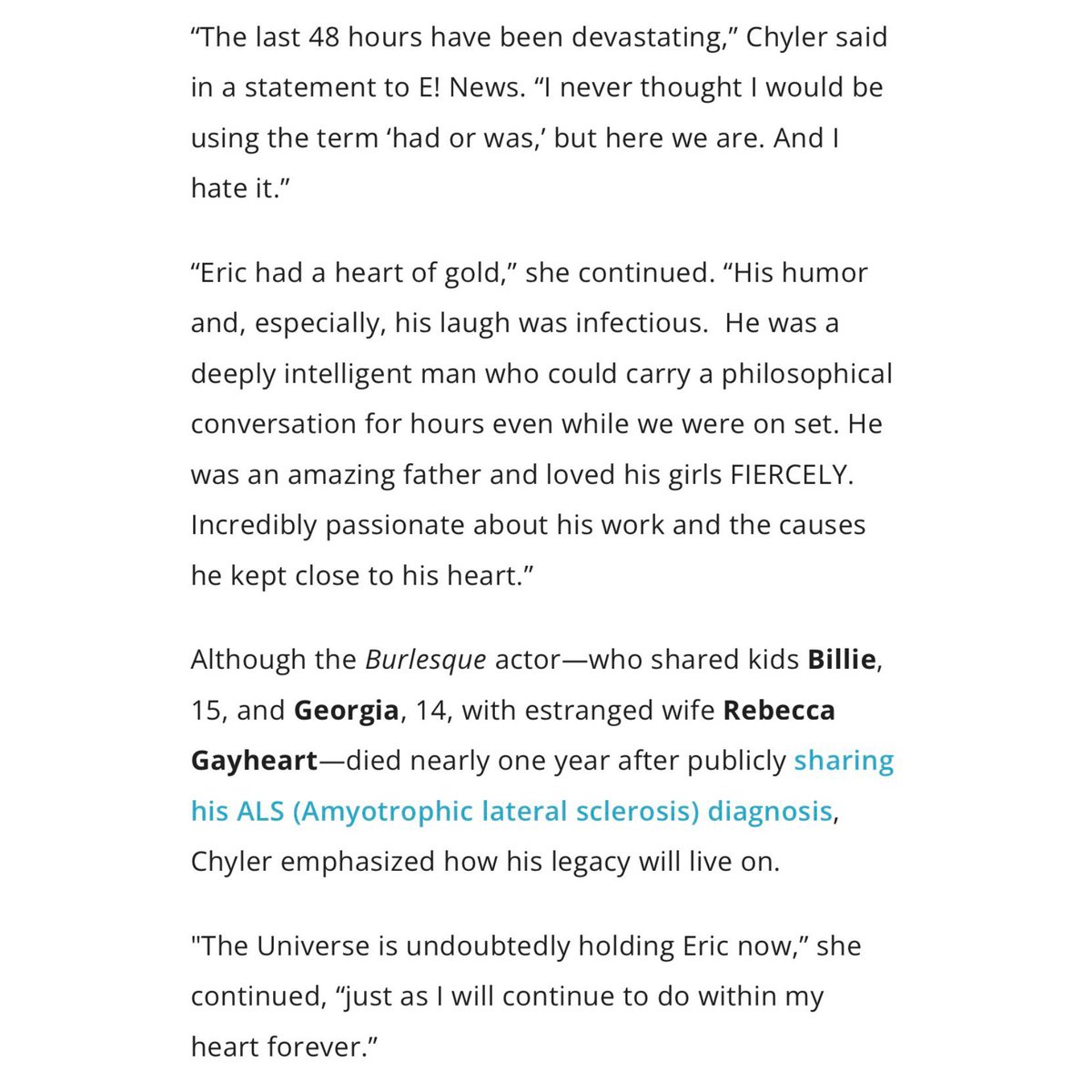 "the universe is undoubtedly holding eric now, just as i will continue to do within my heart forever." omg chyler leigh talking about eric dane 😭💔