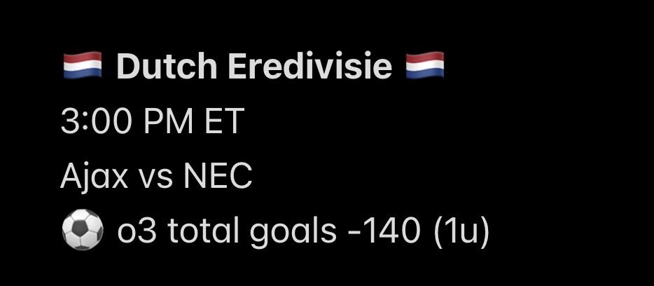 thy_pitchwizard's tweet photo. 2/21 ⚽️ PUBLIC PICK PART II
———
Both teams currently sit with 42 points in the Eredivisie - three points away from a Champions League spot. NEC are third above Ajax , in fourth , on a meer goal difference. 

Ajax have scored 2+ goals in each of the L5 league matches at Johan Cruijff Arena (12 goals scored combined) - winning four and drawing one. 

NEC arrive in the capital having scored 2+ goals in 12 of L15 away matches in all competitions - scoring 34 total goals in those twelve. 

The L5 H2H’s have all seen 3+ total goals scored. 

Full unit. 
———
BOL tailin’ or fadin’. 🧙‍♂️

#TrustThyWizard #GamblingX #GamblingTwitter #GamblingCommunity