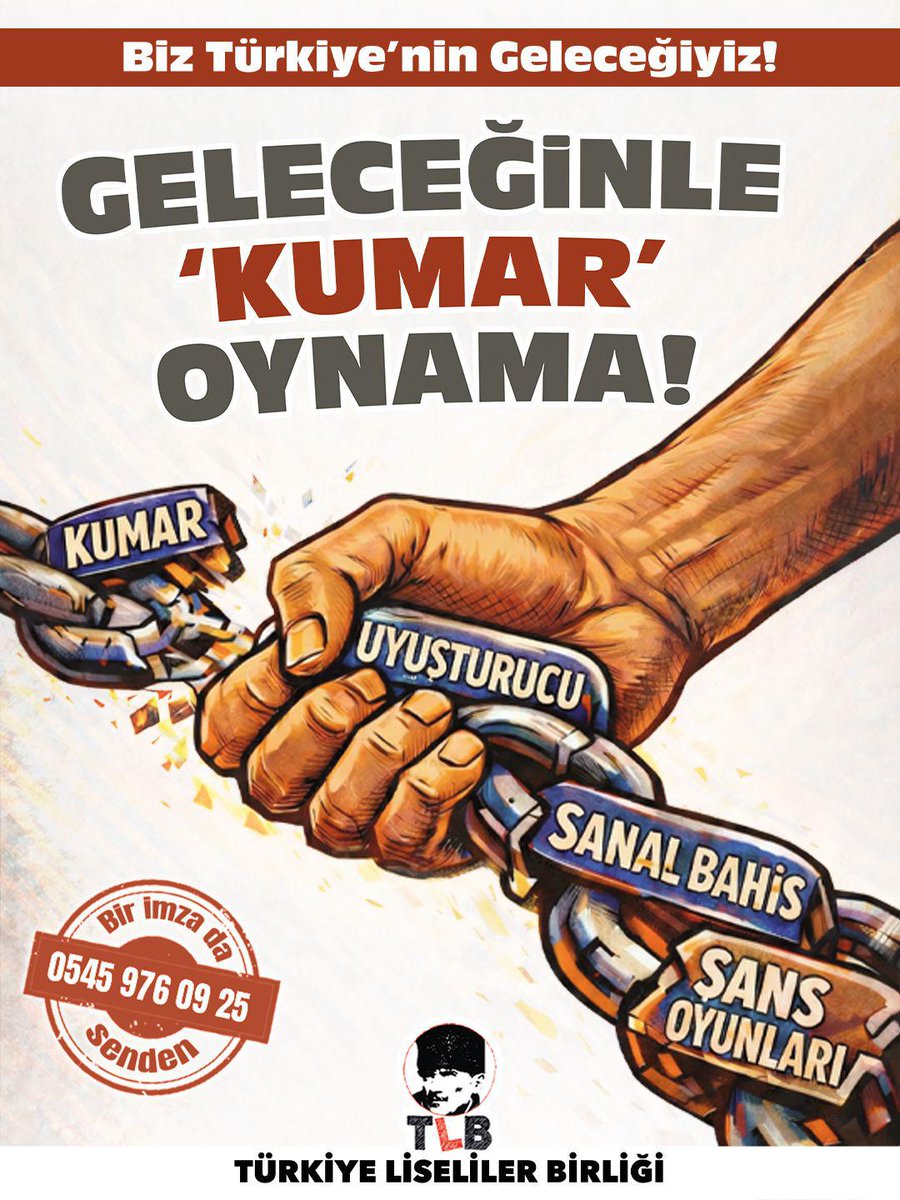 Gençliği köklerinden koparmak istiyorlar.
Ailesinden, değerlerinden, kültüründen…
Ama biz buradayız. TLB olarak diyoruz ki “Geleceğinle Kumar Oynama, Geleceğini Şansa/Uyuşturucuya Bırakma!”

Mayamız sağlam, irademiz güçlü. 

Türk toplumunun “ekmeğini taştan çıkarma”