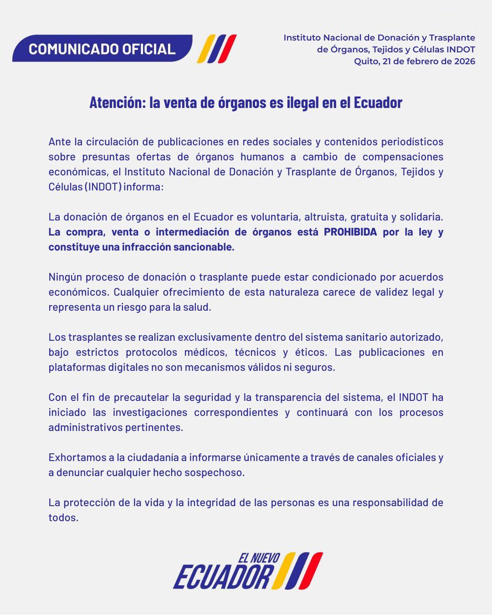 🚨Atención ciudadanía

La donación de órganos en el país es voluntaria y gratuita.
La compra o venta de órganos está PROHIBIDA por la ley.

Los trasplantes solo se realizan dentro del sistema sanitario autorizado.

El INDOT ha iniciado las investigaciones correspondientes.