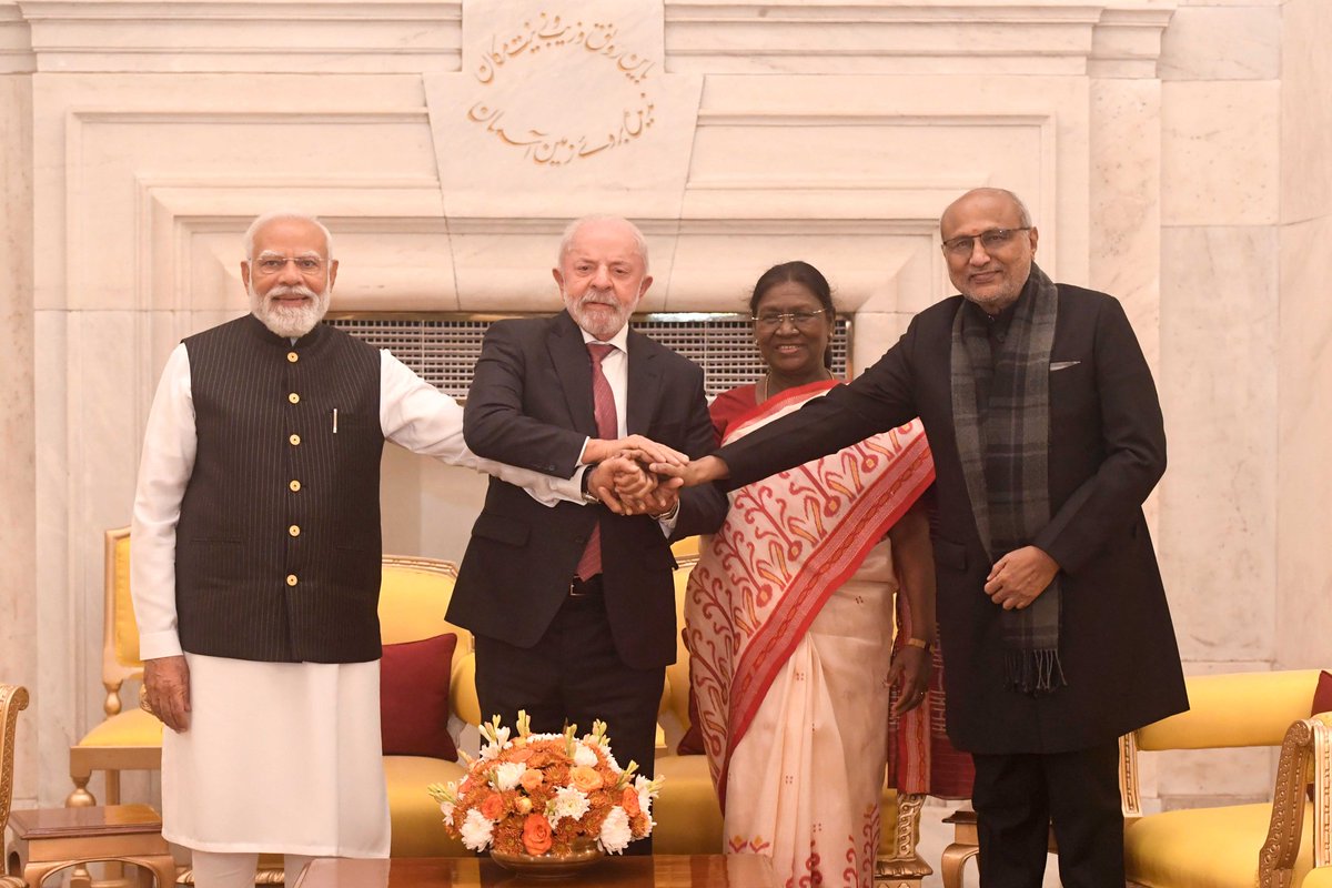 Brazil President Lula, Indian President Murmu, Vice President Radhakrishnan &amp; PM Modi at Rashtrapati Bhawan earlier today