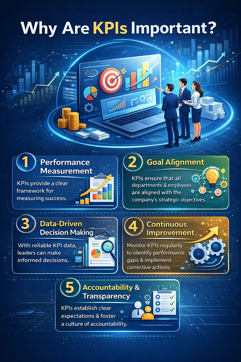 AcademyKpi's tweet photo. Why Are KPIs Important?
1. Performance Measurement
KPIs provide a clear framework for measuring success. Without measurable indicators, organizations operate based on assumptions rather than facts.
2. Goal Alignment
KPIs ensure that all departments and employees are aligned with the company’s strategic objectives. This alignment enhances coordination and eliminates conflicting priorities.
3. Data-Driven Decision Making
With reliable KPI data, leaders can make informed decisions rather than relying on intuition. This reduces risk and improves overall performance outcomes.
4. Continuous Improvement
By monitoring KPIs regularly, organizations can identify performance gaps, track progress, and implement corrective actions quickly.
5. Accountability and Transparency
KPIs establish clear expectations and responsibilities, fostering a culture of accountability and performance ownership.
#BusinessExcellence
#LeadershipDevelopment
#OrganizationalPerformance
#ManagementStrategy
#PerformanceCulture
#KPIs
#PerformanceManagement
#DataDrivenLeadership
#StrategicAlignment
#ContinuousImprovement